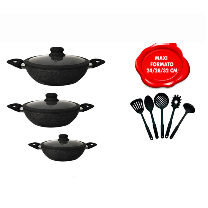Set Batteria 11 Pz Nera Con 3 Tegami E Utensili Da Cucina Maxi Formato