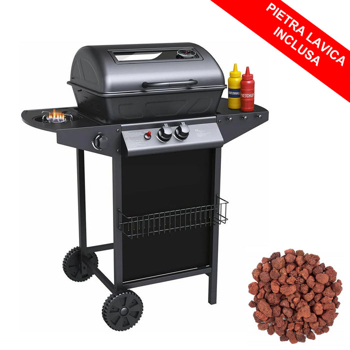 dreamwell barbecue a gas con pietra lavica 2 fuochi fornello piano laterali con griglia acciaio ean 8059221000841