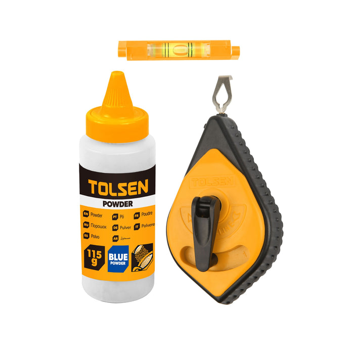 immagine-1-tolsen-set-tracciatore-traccialinee-30mt-con-livella-115gr-polvere-blu-42013t-ean-6933528742135
