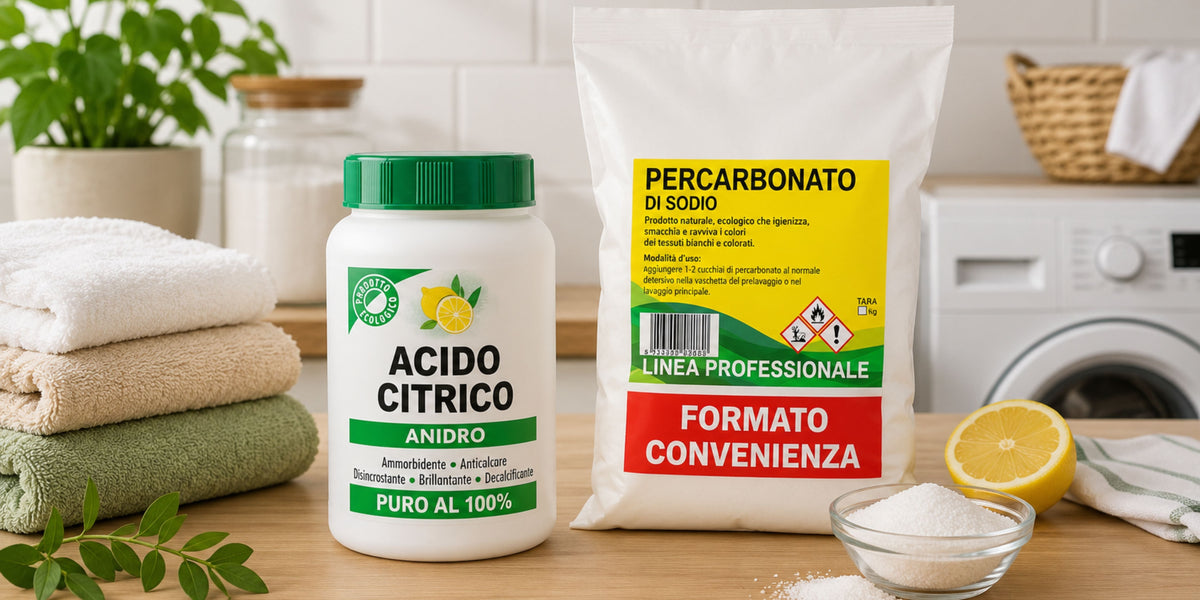 Percarbonato di sodio e acido citrico per la pulizia della casa su piano in legno con lavatrice e biancheria.