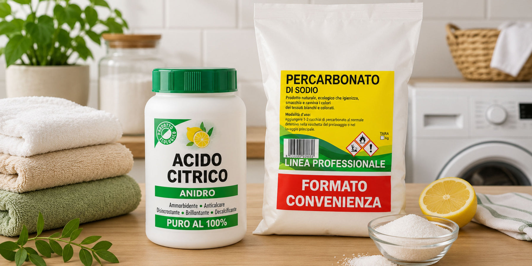 Percarbonato di sodio e acido citrico per la pulizia della casa su piano in legno con lavatrice e biancheria.