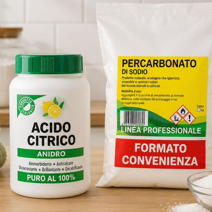 Percarbonato di sodio e acido citrico per la pulizia della casa su piano in legno con lavatrice e biancheria.