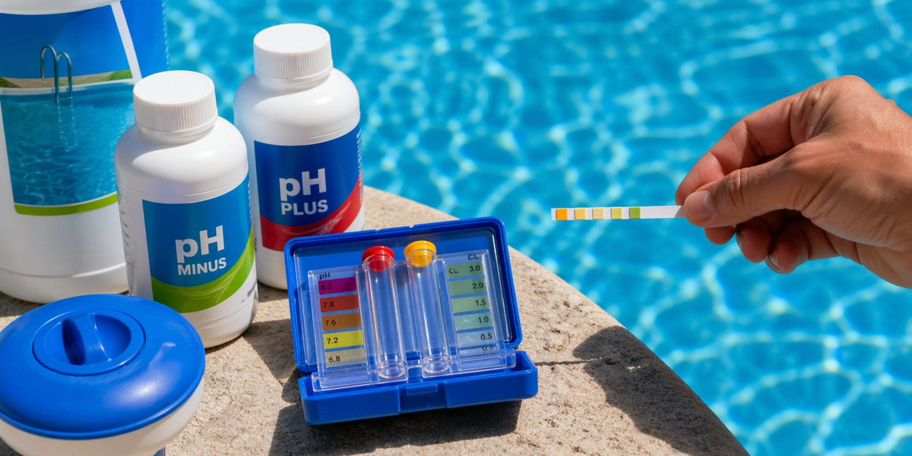 Controllo pH e cloro dell’acqua in piscina con tester e prodotti per mantenere acqua limpida e bilanciata