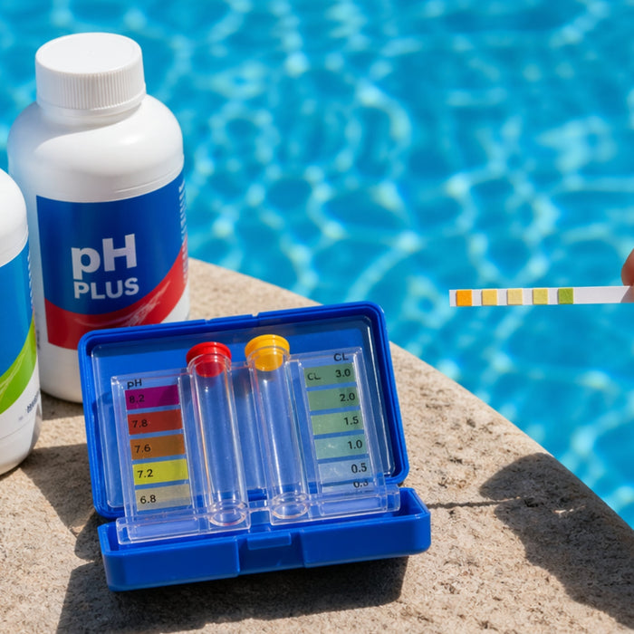 Controllo pH e cloro dell’acqua in piscina con tester e prodotti per mantenere acqua limpida e bilanciata