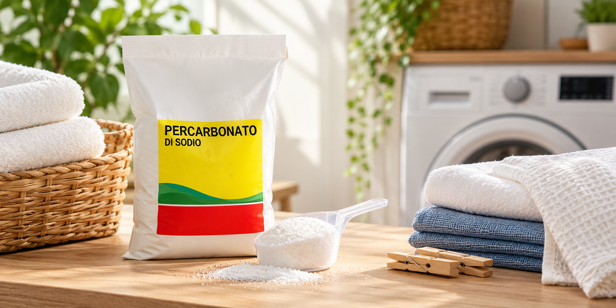 Percarbonato di sodio SOLEILUX in lavanderia, accanto a una lavatrice, asciugamani piegati e misurino con polvere per il bucato.