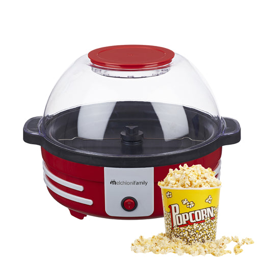 melchioni macchina per pop corn rotonda mr poppy 850w con sistema di rotazione e coperchio ciotola dosatore per pop corn burro colore rosso ean 8006012372458