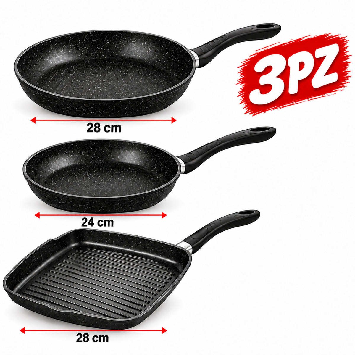 Set Batteria 3 Pz Nera Con 2 Padelle 24/28 E Bistecchieria 28cm