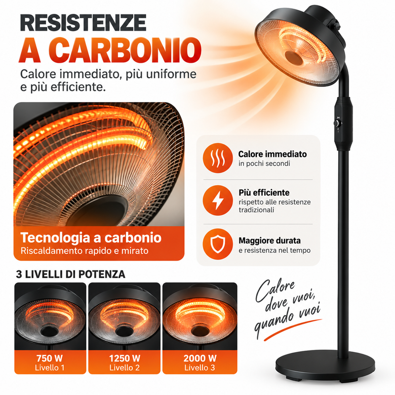 Stufa Patio Fungo Riscaldatore Elettrico Piantana 2000W Carbonio H.202cm - Inclinazione e potenza regolabile - Protezione IP24-3