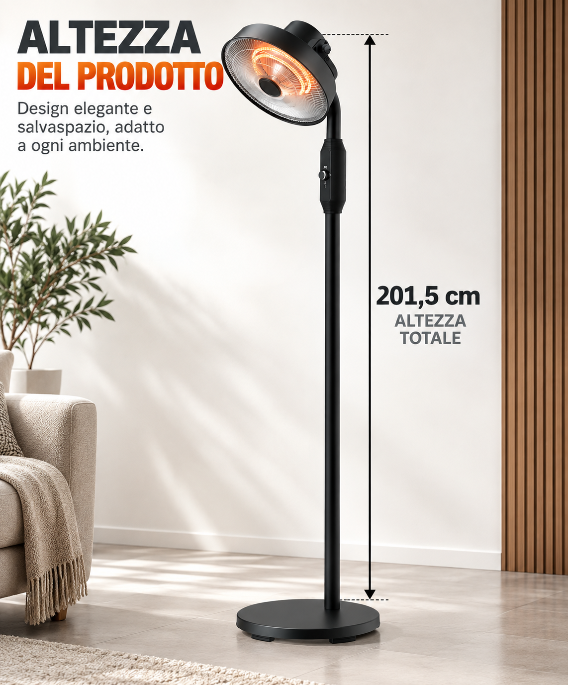 Stufa Patio Fungo Riscaldatore Elettrico Piantana 2000W Carbonio H.202cm - Inclinazione e potenza regolabile - Protezione IP24-6