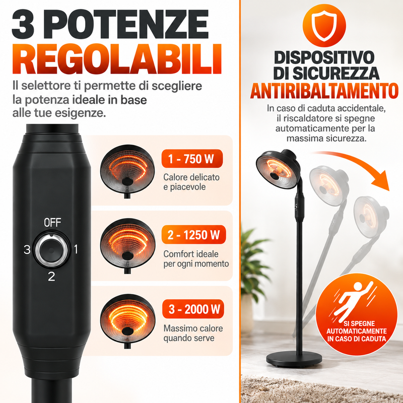Stufa Patio Fungo Riscaldatore Elettrico Piantana 2000W Carbonio H.202cm - Inclinazione e potenza regolabile - Protezione IP24-4