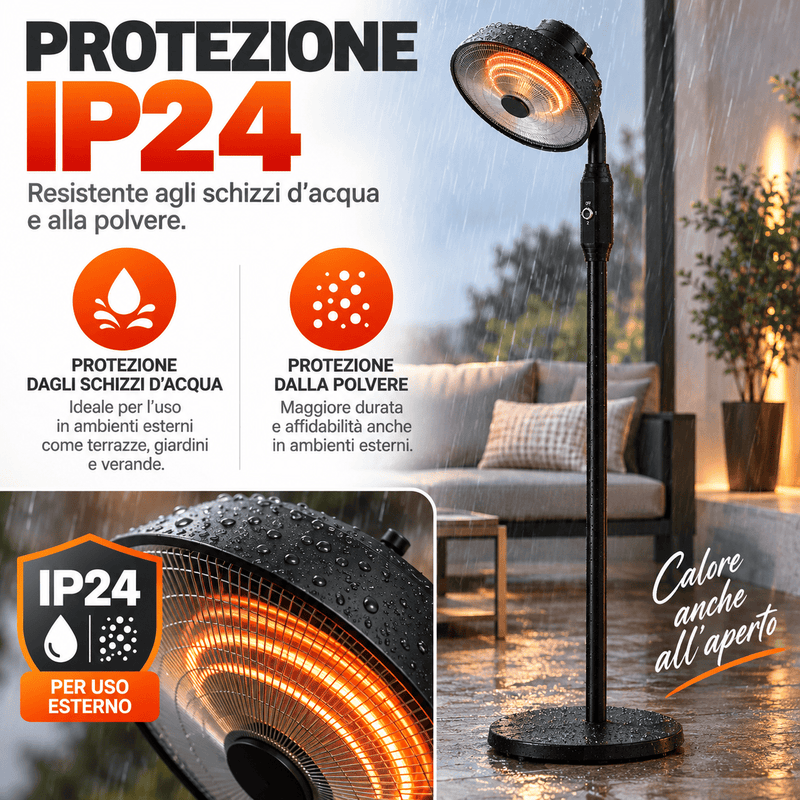 Stufa Patio Fungo Riscaldatore Elettrico Piantana 2000W Carbonio H.202cm - Inclinazione e potenza regolabile - Protezione IP24-5