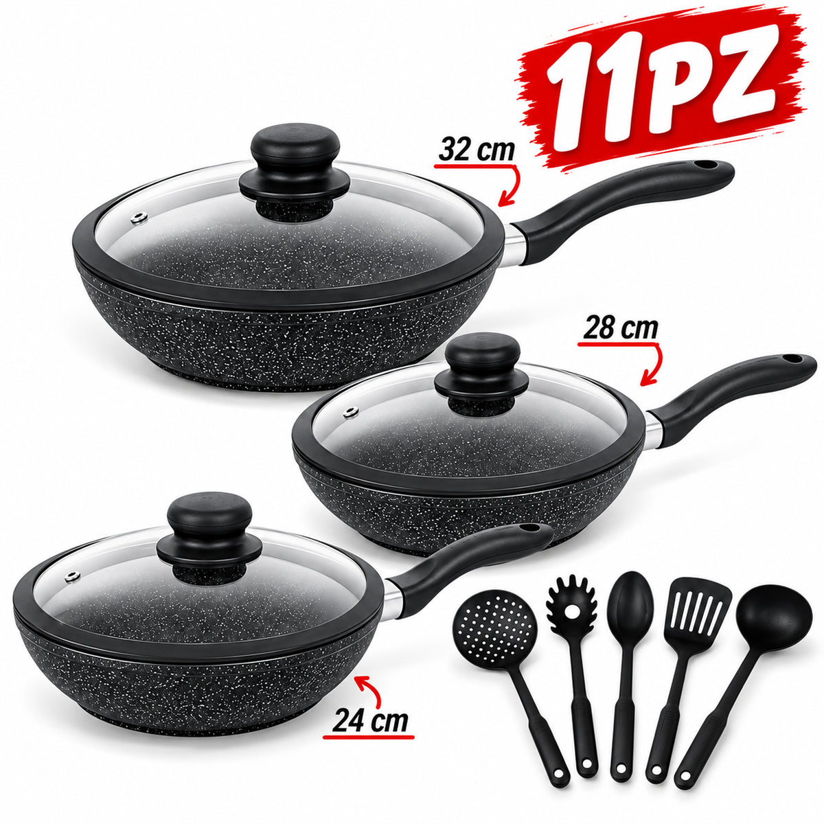 Set 11PZ Padelle Induzione Pietra Antiaderenti 24/28/32 cm con Coperchi e 5 mestoli Nero