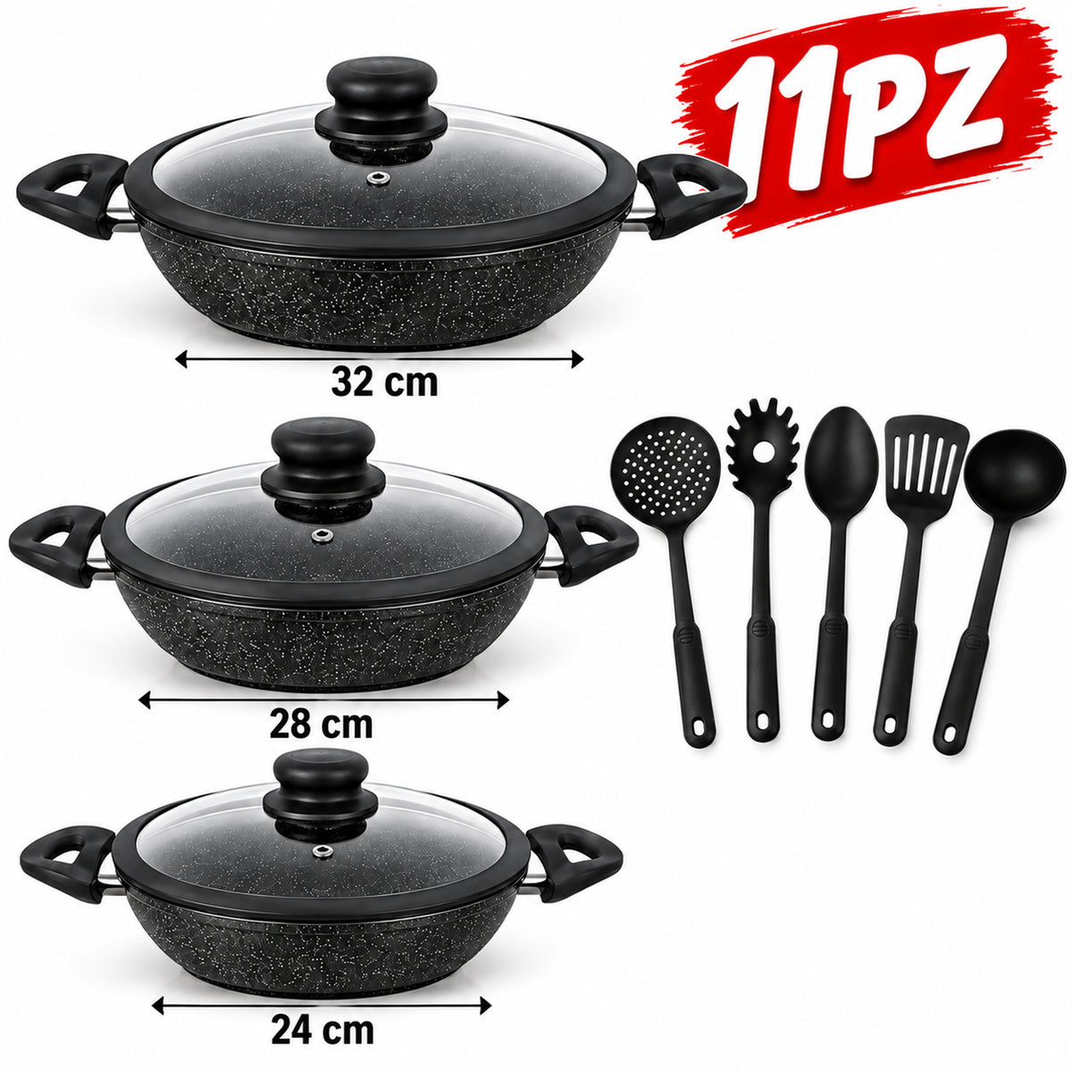 Set 11PZ Padelle A Tegame Induzione Pietra Antiaderenti 24/28/32 cm con Coperchi e 5 mestoli Nero-2