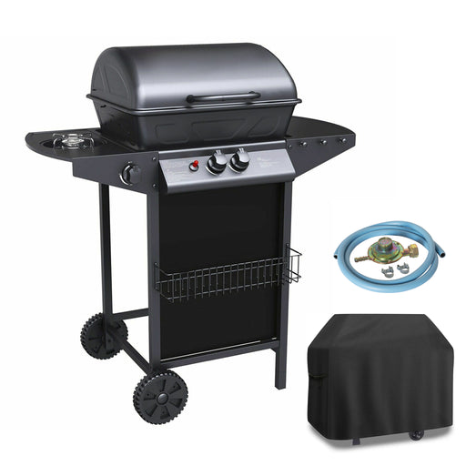 promo barbecue a gas con accensione piezo 2 bruciatori fornello laterale con kit montaggio e telo di copertura