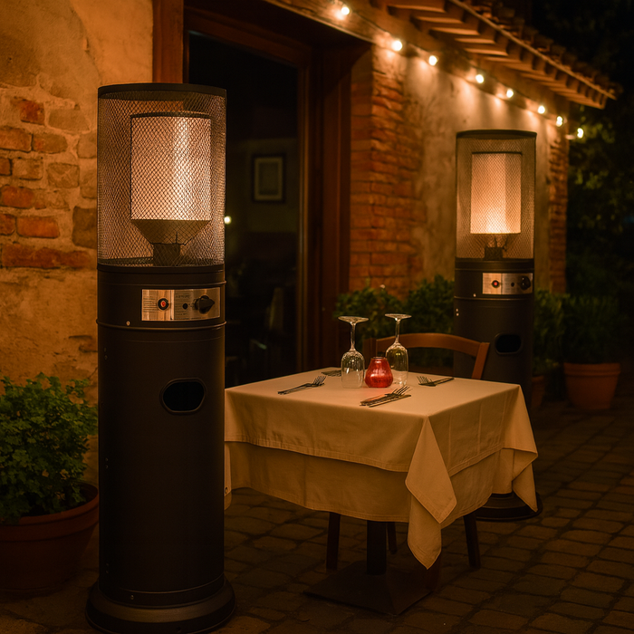 SOLEILUX Stufa Patio a Gas da Esterno, Riscaldatore Gpl Portatile con Ruote, Bruciatore Riscaldante Arredo, per Terrazzo Patio Giardino Locali Ristoranti Bar, In Acciaio Potenza 13 Kw - NERO