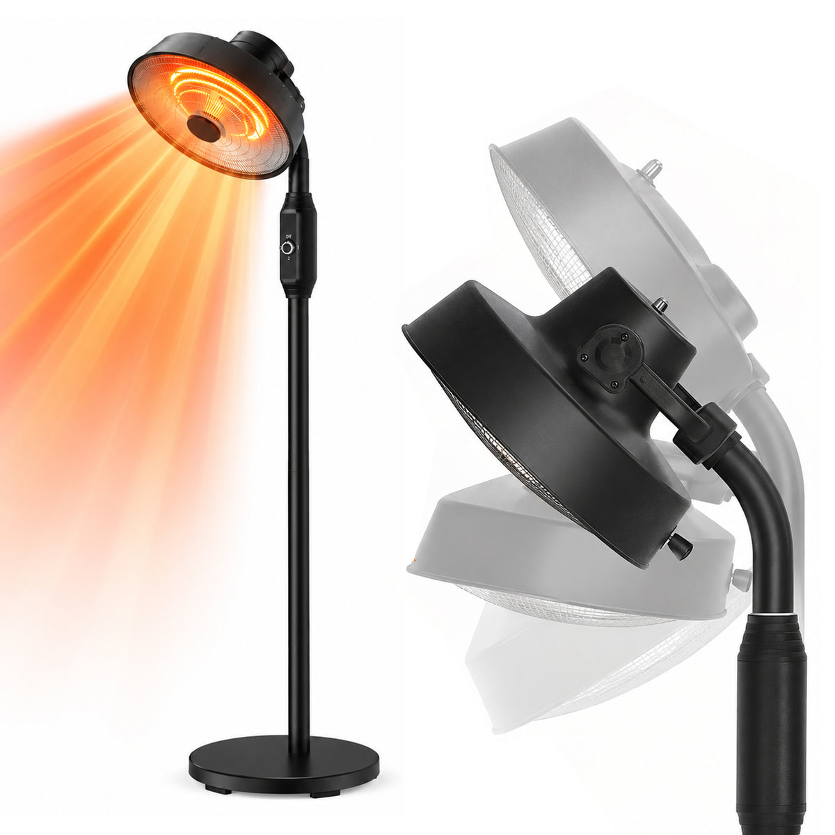 Stufa Patio Fungo Riscaldatore Elettrico Piantana 2000W Carbonio H.202cm - Inclinazione e potenza regolabile - Protezione IP24