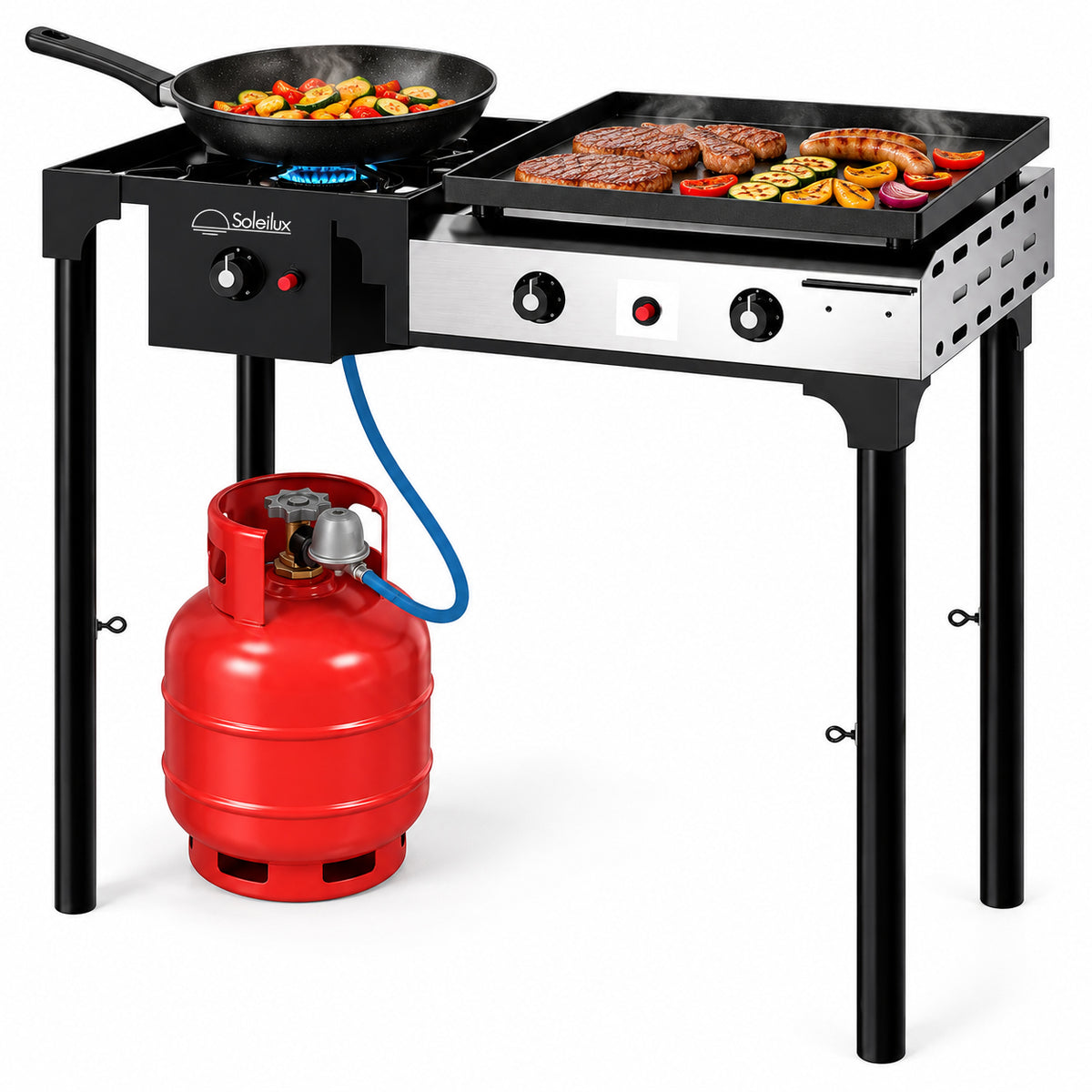 Barbecue a Gas 2 in 1 "DUALCHEF" con Fornello 4,5 kW e Plancha 4,8 kW 80x40cm, Accensione Piezoelettrica, Altezza Regolabile, Piastra Removibile, da Giardino e Terrazzo-1