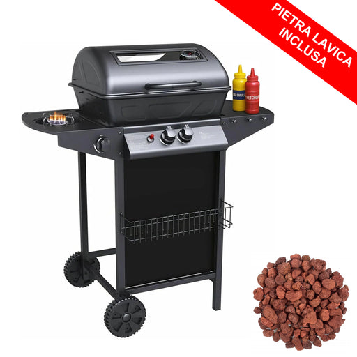 dreamwell barbecue a gas con pietra lavica 2 fuochi fornello piano laterali con griglia acciaio ean 8059221000841