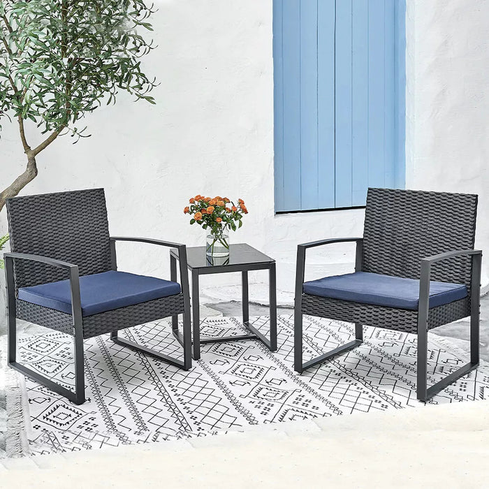 green island set 3 pezzi polyrattan per giardino con 2 poltrone 1 tavolo nero e cuscini blu bistrot ean 8054143038019