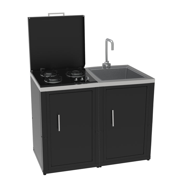 soleilux soleilux set cucina da esterno a gas 2 elementi con lavello rubinetto e tagliere incassato struttura in acciaio e piano in acciaio inox nero ean 8058753791418