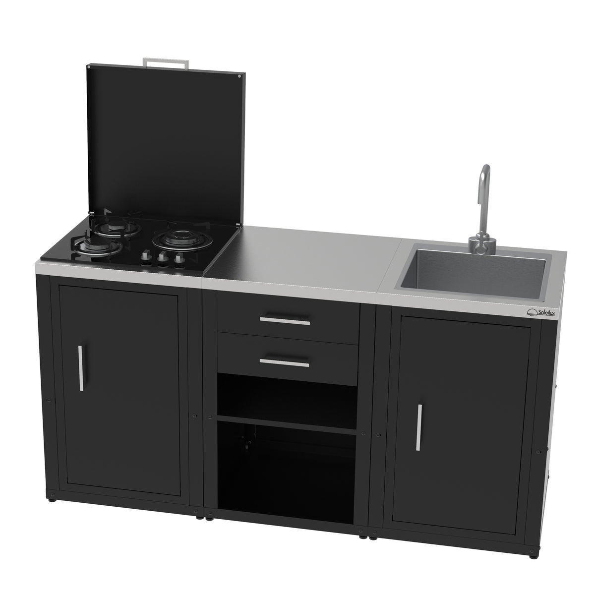 soleilux soleilux set cucina da esterno a gas 3 elementi con lavello rubinetto e tagliere con 2 cassetti estraibili struttura in acciaio e piano in acciaio inox nero ean 8058753798035
