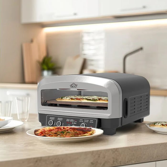 dcg forno pizza xxl professionale cuoce in 2 minuti scalda fino a 450 piano cottura in pietra refrattaria da 37x37 cm rimovibile 2200w ean 8052780965873