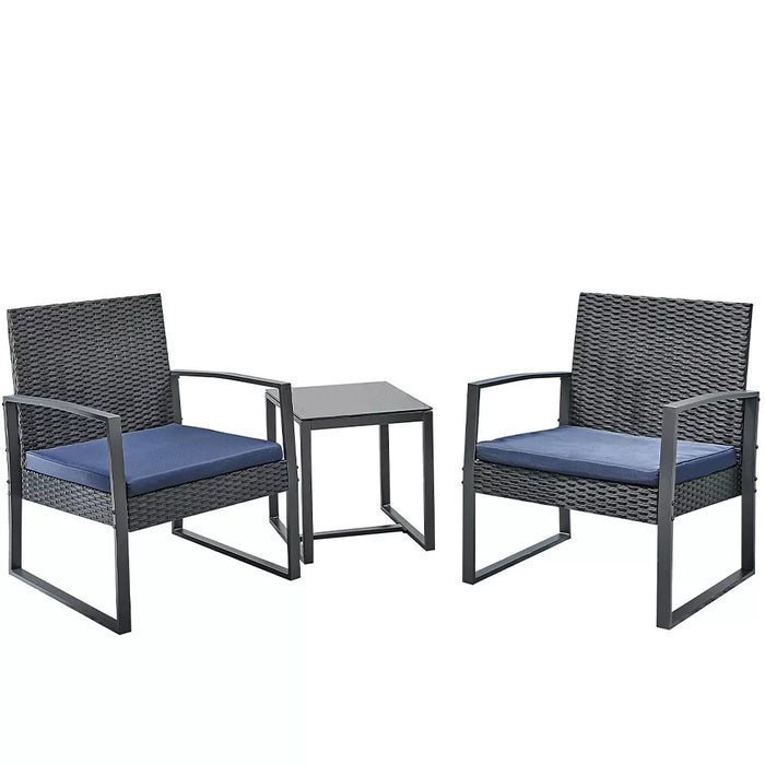 green island set 3 pezzi polyrattan per giardino con 2 poltrone 1 tavolo nero e cuscini blu bistrot ean 8054143038019