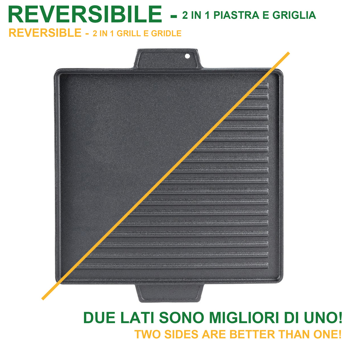 soleilux griglia bistecchiera 2 in 1 quadrata in ghisa universale antiaderente 40x40 cm liscia e rigata con 2 manici ean 8058753792224