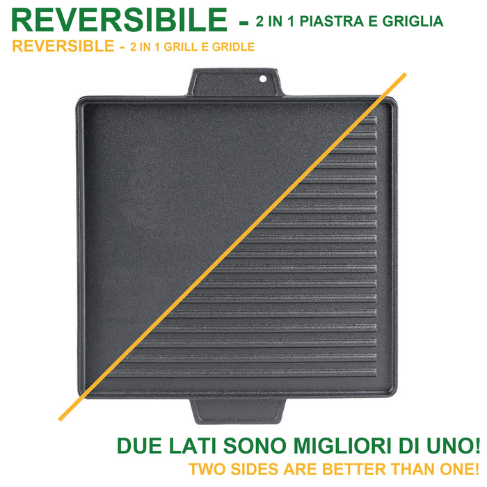 soleilux griglia bistecchiera 2 in 1 quadrata in ghisa universale antiaderente 40x40 cm liscia e rigata con 2 manici ean 8058753792224