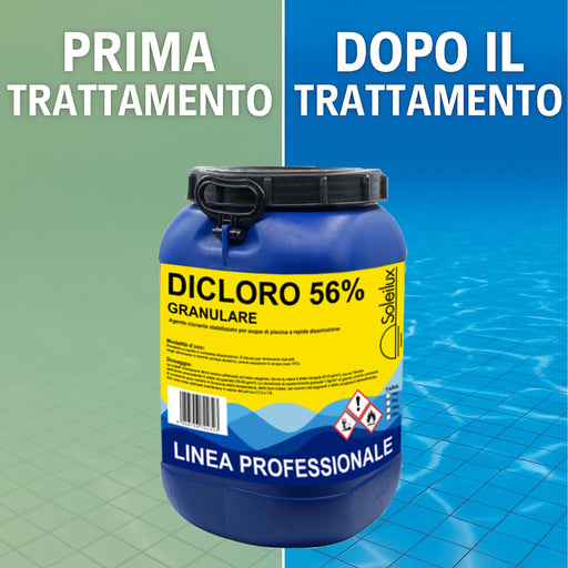 soleilux soleilux dicloro cloro granulare 56 rapido per piscina 25 kg dicloro stabilizzato a rapida dissoluzione per trattamento shock mantenimento iperclorazione pulizia ed igiene dellacqua di piscine ean 8058753792323