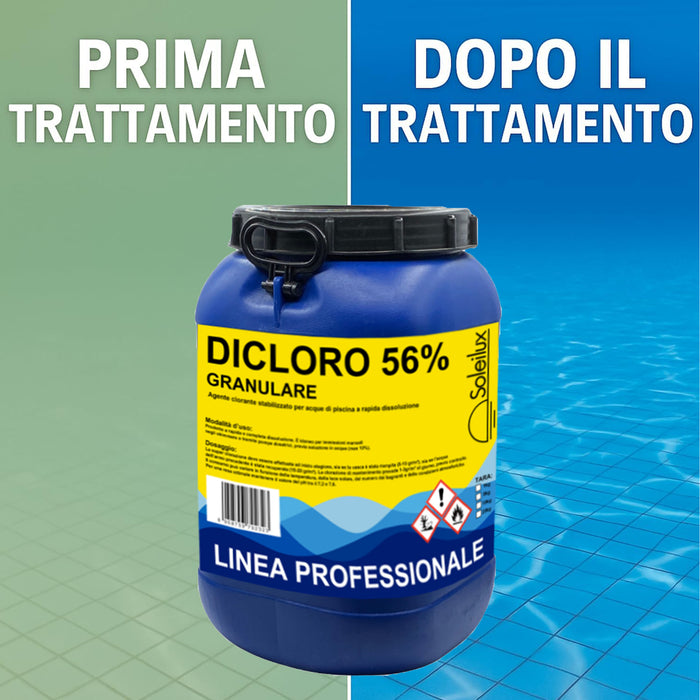 soleilux soleilux dicloro cloro granulare 56 rapido per piscina 25 kg dicloro stabilizzato a rapida dissoluzione per trattamento shock mantenimento iperclorazione pulizia ed igiene dellacqua di piscine ean 8058753792323