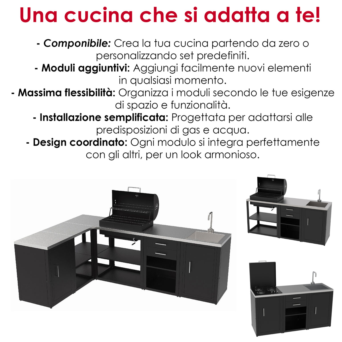 soleilux soleilux set cucina da esterno a gas 2 elementi con lavello rubinetto e tagliere incassato struttura in acciaio e piano in acciaio inox nero ean 8058753791418