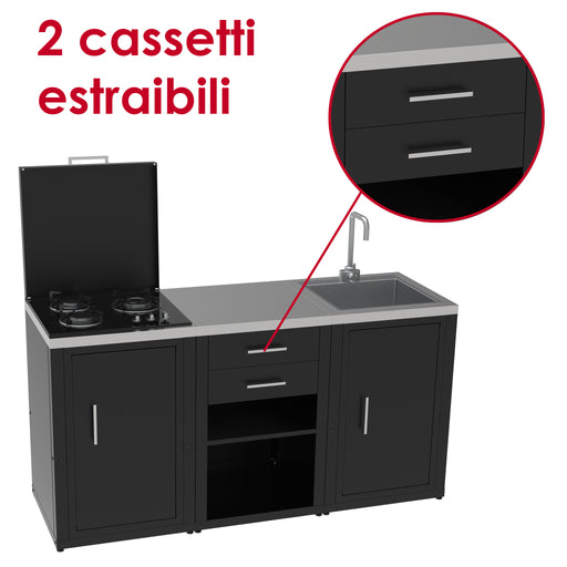 soleilux soleilux set cucina da esterno a gas 3 elementi con lavello rubinetto e tagliere con 2 cassetti estraibili struttura in acciaio e piano in acciaio inox nero ean 8058753798035