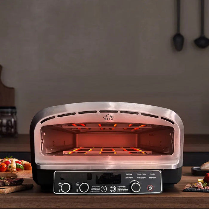 dcg forno pizza xxl professionale cuoce in 2 minuti scalda fino a 450 piano cottura in pietra refrattaria da 37x37 cm rimovibile 2200w ean 8052780965873