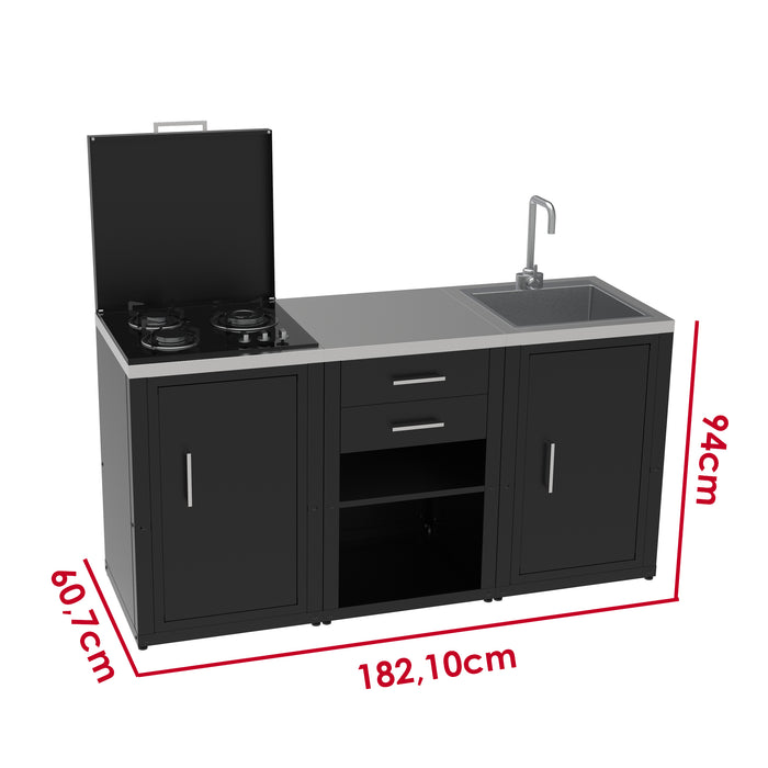 soleilux soleilux set cucina da esterno a gas 3 elementi con lavello rubinetto e tagliere con 2 cassetti estraibili struttura in acciaio e piano in acciaio inox nero ean 8058753798035