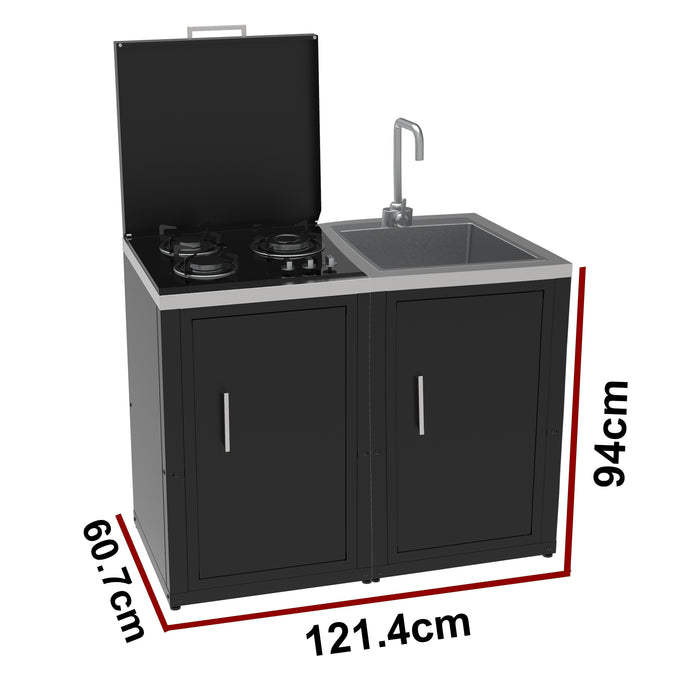 soleilux soleilux set cucina da esterno a gas 2 elementi con lavello rubinetto e tagliere incassato struttura in acciaio e piano in acciaio inox nero ean 8058753791418