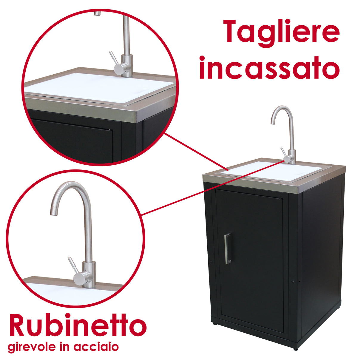 soleilux soleilux set cucina da esterno a gas 3 elementi con lavello rubinetto e tagliere con 2 cassetti estraibili struttura in acciaio e piano in acciaio inox nero ean 8058753798035