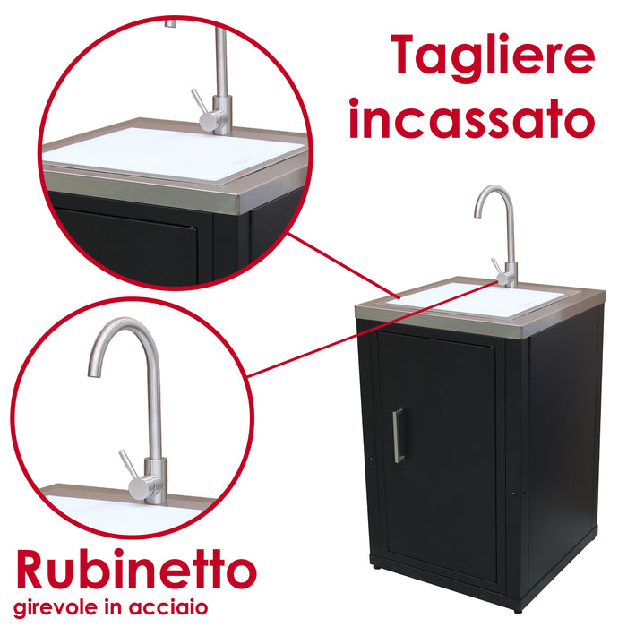 soleilux soleilux set cucina da esterno a gas 3 elementi con lavello rubinetto e tagliere con 2 cassetti estraibili struttura in acciaio e piano in acciaio inox nero ean 8058753798035