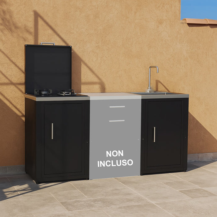 soleilux soleilux set cucina da esterno a gas 2 elementi con lavello rubinetto e tagliere incassato struttura in acciaio e piano in acciaio inox nero ean 8058753791418