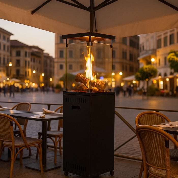 soleilux stufa patio a gas gpl 11 kw con accensione piezoelettrica e legnetti decorativi riscaldatore da esterno decorativo 42x42x h 140cm ideale per bar ristoranti strutture ean 8052780966351