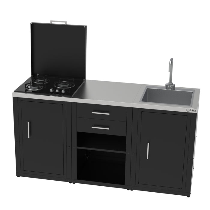 soleilux soleilux set cucina da esterno a gas 3 elementi con lavello rubinetto e tagliere con 2 cassetti estraibili struttura in acciaio e piano in acciaio inox nero ean 8058753798035