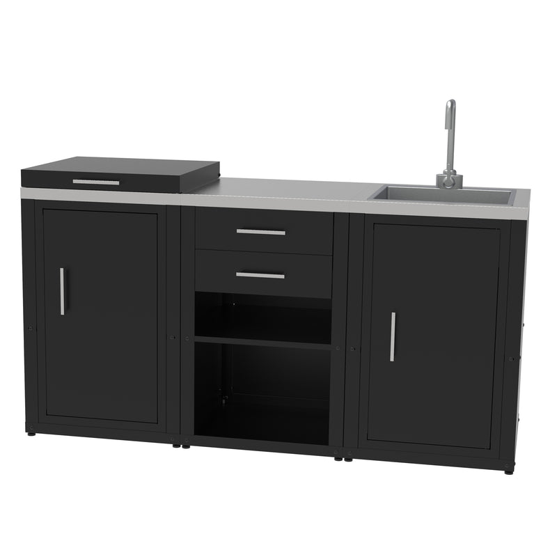 soleilux soleilux set cucina da esterno a gas 3 elementi con lavello rubinetto e tagliere con 2 cassetti estraibili struttura in acciaio e piano in acciaio inox nero ean 8058753798035