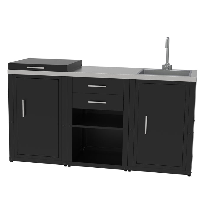 soleilux soleilux set cucina da esterno a gas 3 elementi con lavello rubinetto e tagliere con 2 cassetti estraibili struttura in acciaio e piano in acciaio inox nero ean 8058753798035