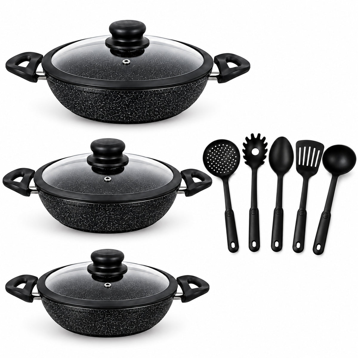 Set 11PZ Padelle A Tegame Induzione Pietra Antiaderenti 24/28/32 cm con Coperchi e 5 mestoli Nero-1