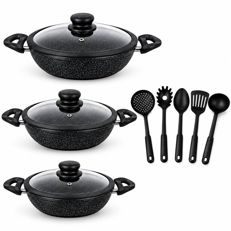 Set 11PZ Padelle A Tegame Induzione Pietra Antiaderenti 24/28/32 cm con Coperchi e 5 mestoli Nero-1
