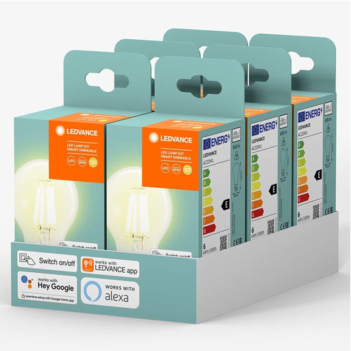 immagine-1-ledvance-6x-lampada-lampadina-smart-led-6w-e27-con-bluetooth-alexa-google-assistant-2700k-ean-4058075625778