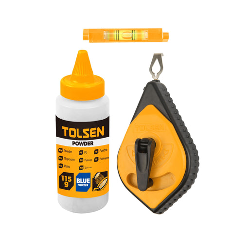 immagine-1-tolsen-set-tracciatore-traccialinee-30mt-con-livella-115gr-polvere-blu-42013t-ean-6933528742135